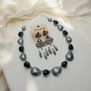 Vintage RARE 1950s Onyx Black and Silver Abstract Gothic Style Jewelry Set